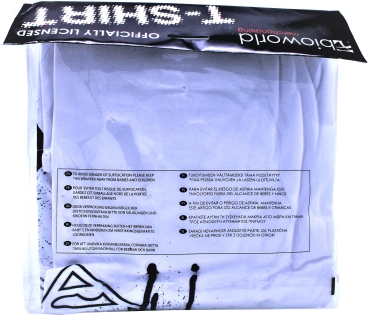 T-Shirt mit der Rückansicht der Originalverpackung mit Warnhinweis